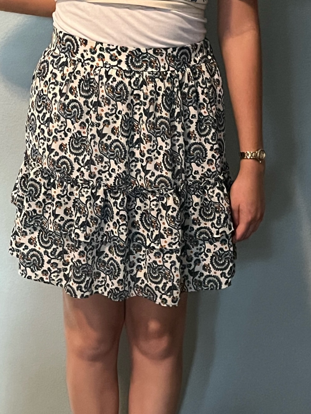 Tiered Floral Print Skirt - White & Navy